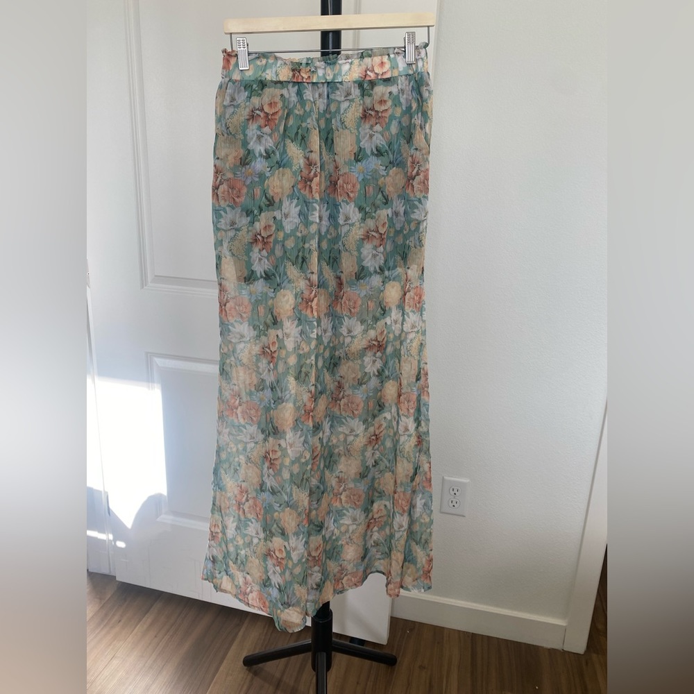 Sage Floral Print Side Slit Wide-Leg Pants